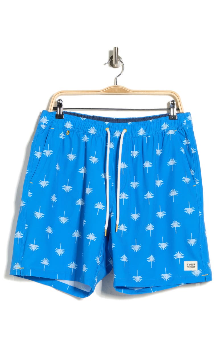 Scotch & Soda Palm Tree Print Swim Trunks, Alternate, color, Campanula