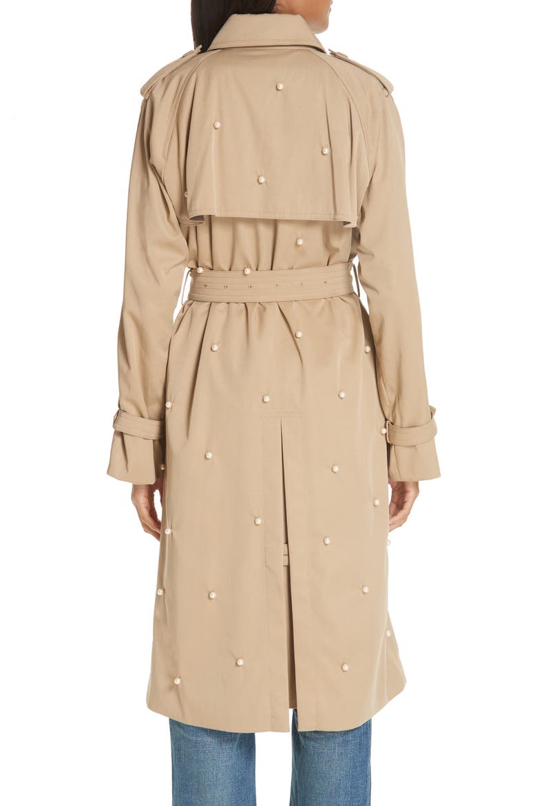 Imitation Pearl Embellished Trench Coat, Alternate, color, BEIGE BEIG