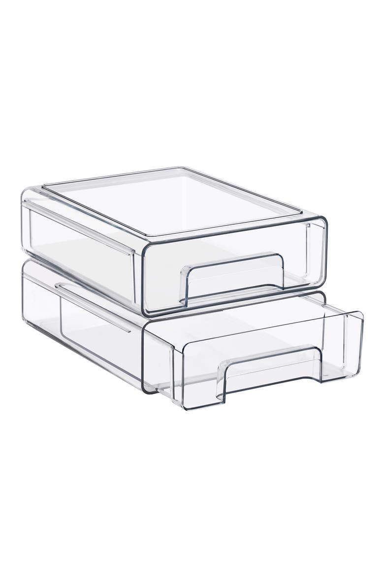 Set of 2 Medium Clear Stackable Drawers, Main, color, CLEAR