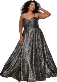 Sydney's Closet Animal Print Spaghetti Strap Plus Size A-Line Gown