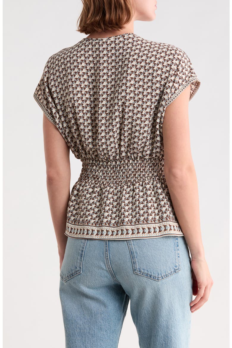 V-Neck Short Sleeve Pleated Top, Alternate, color, CRM/ BROWN FLUTTERS WALTZ