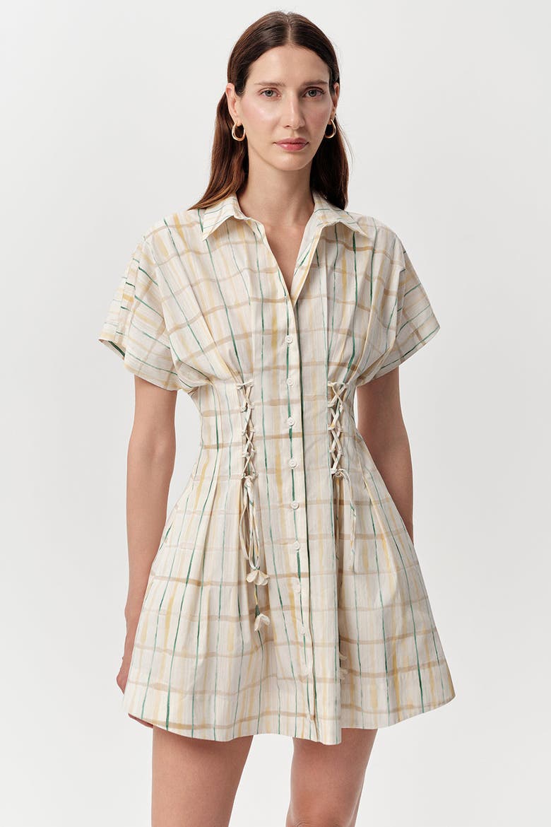 Alberge Short Sleeve Tie Waist Plaid Mini Dress, Alternate, color, Multi Color