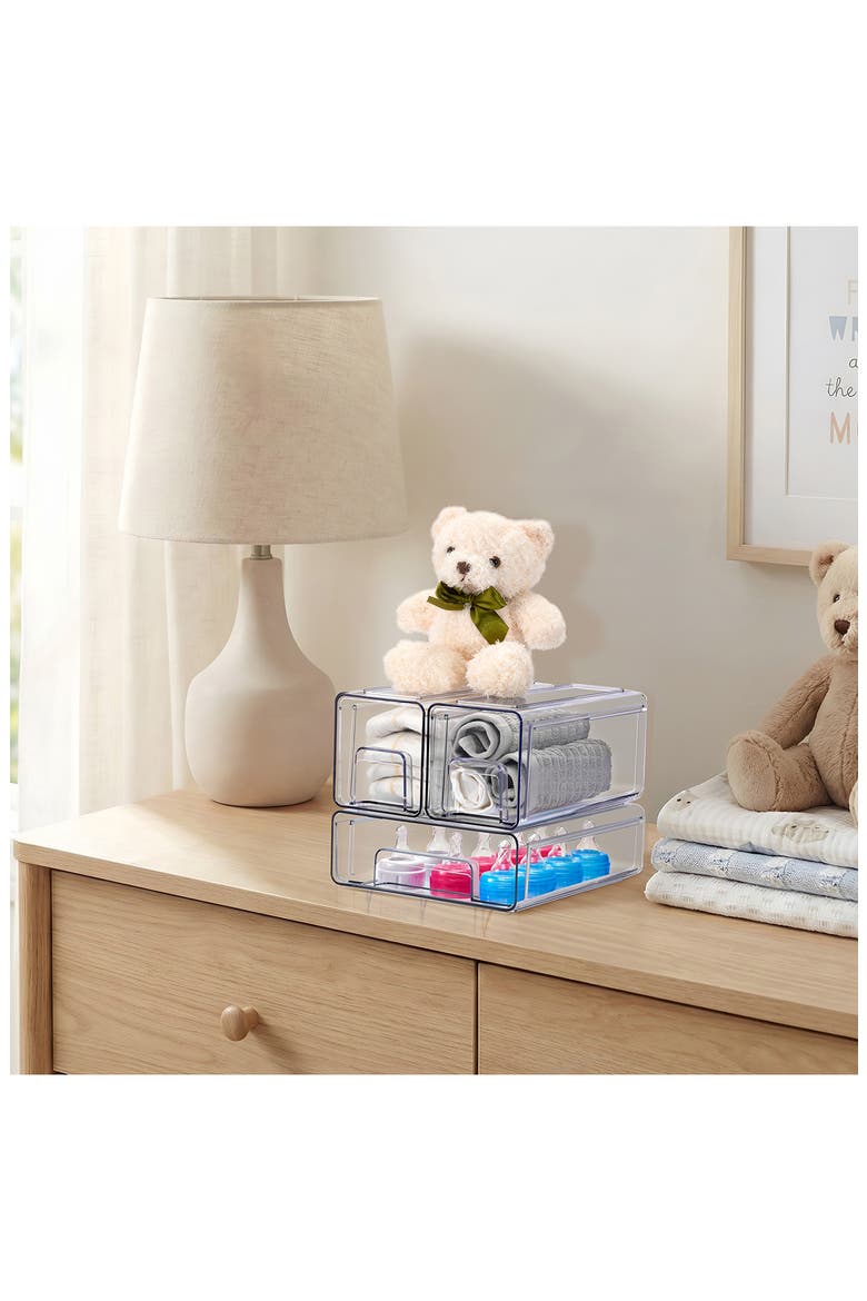 Set of 3 Stackable Storage Drawers, Alternate, color, CLEAR
