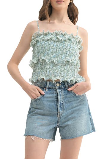Lush Pleated Ruffle Tiered Crop Top In Blue Green