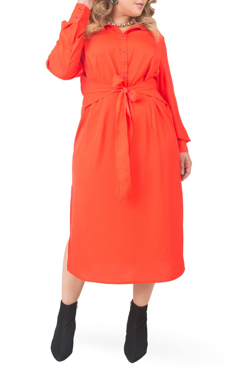 Tie Waist Long Sleeve Midi Dress, Main, color, CHERRY