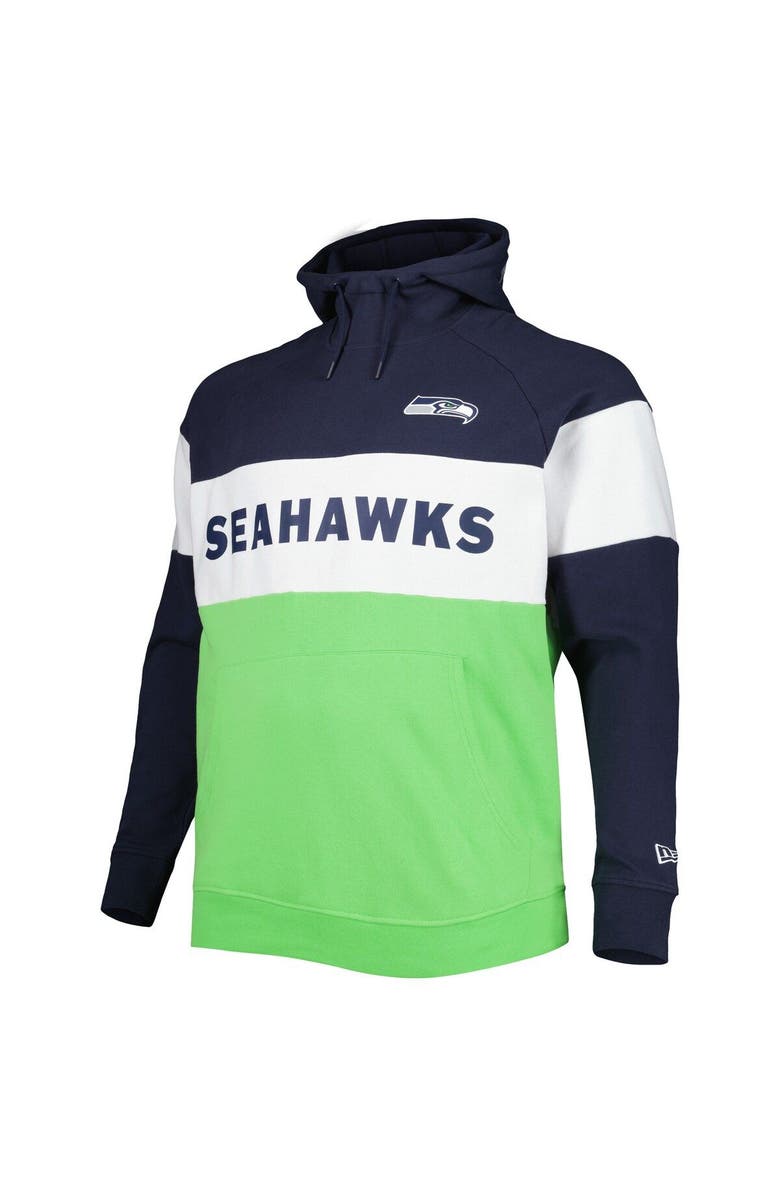 New Era Men's New Era College Navy/Neon Green Seattle Seahawks Big & Tall Current Team Colorblock Fleece Raglan Pullover Hoodie, Alternate, color, Neon Green
