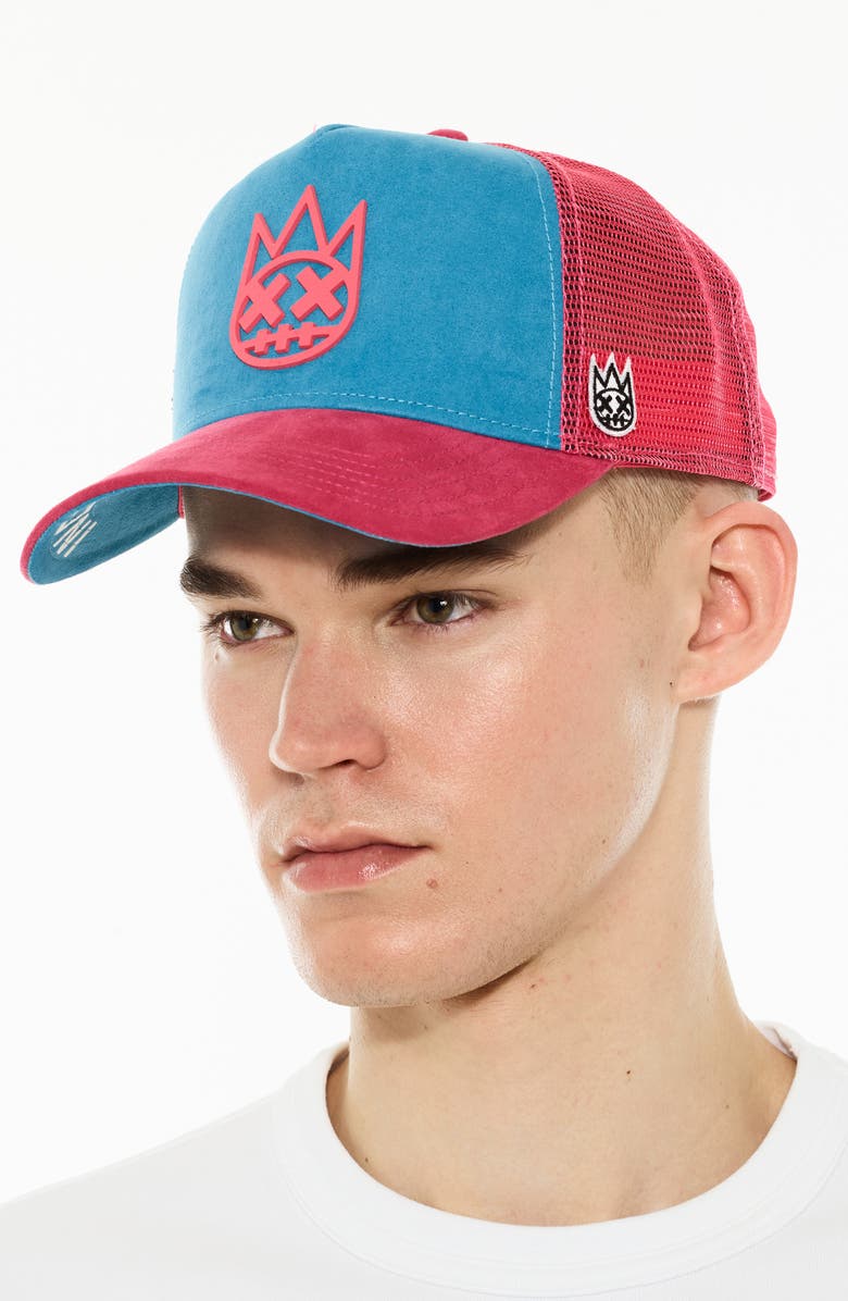 Cult of Individuality Logo Mesh Back Suede Trucker Hat, Alternate, color, Electric Blue
