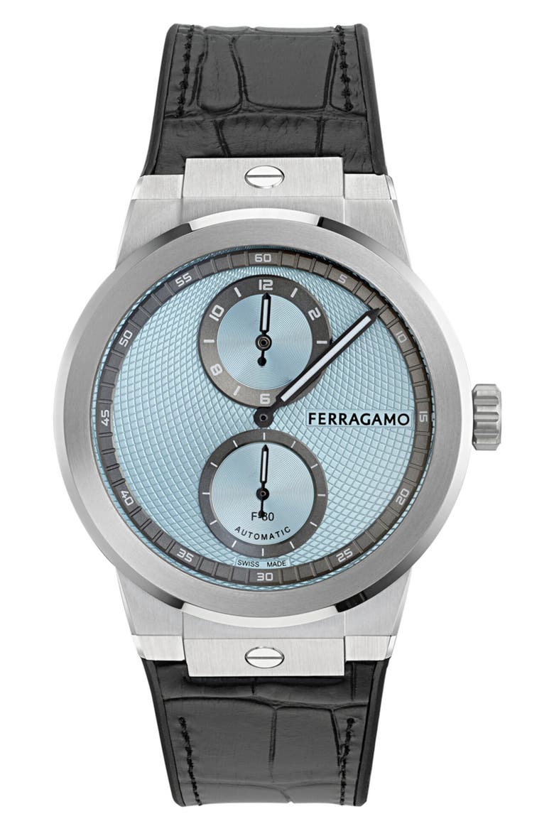 F-80 Manufacture Automatic Leather Strap Watch, 43mm, Main, color, STAINLESS STEEL