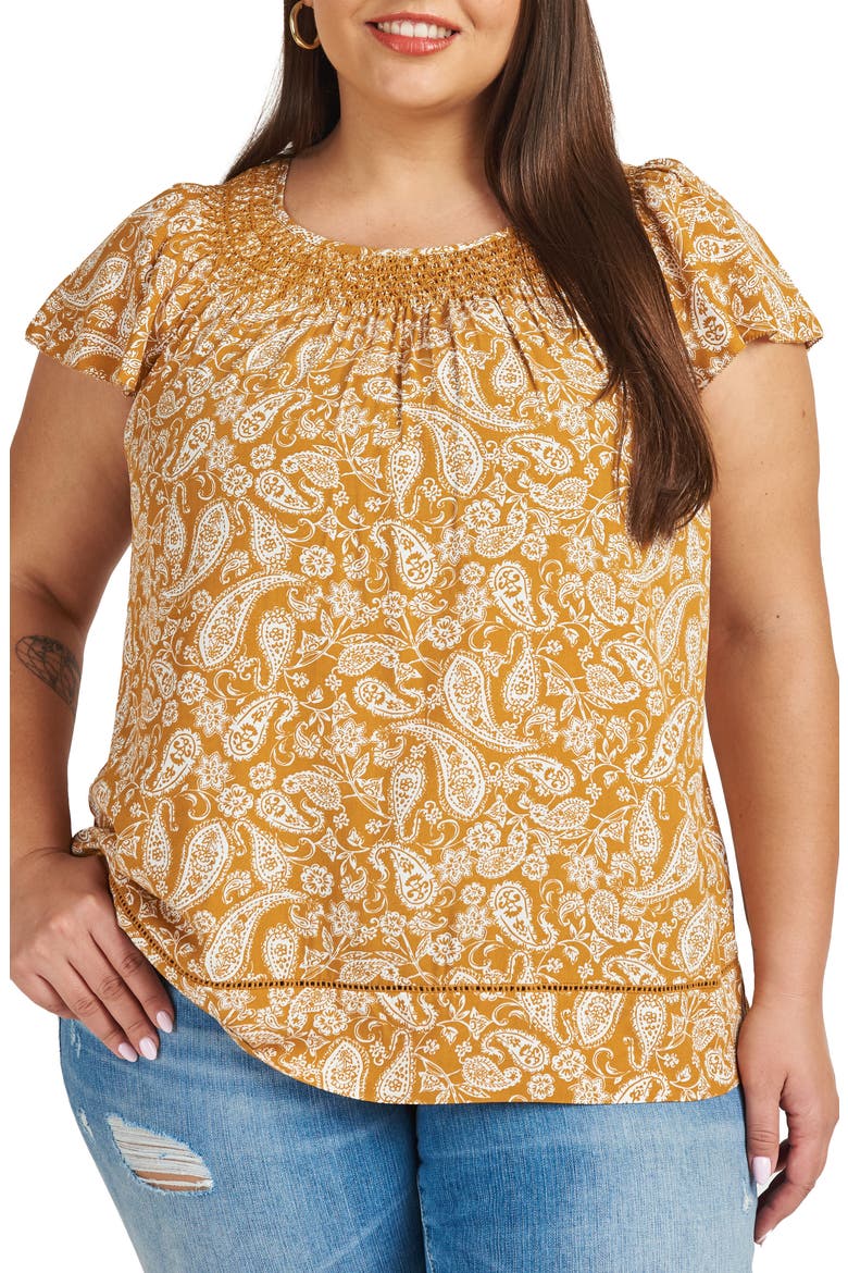 Smocked Neck Paisley Blouse, Alternate, color, COPPER