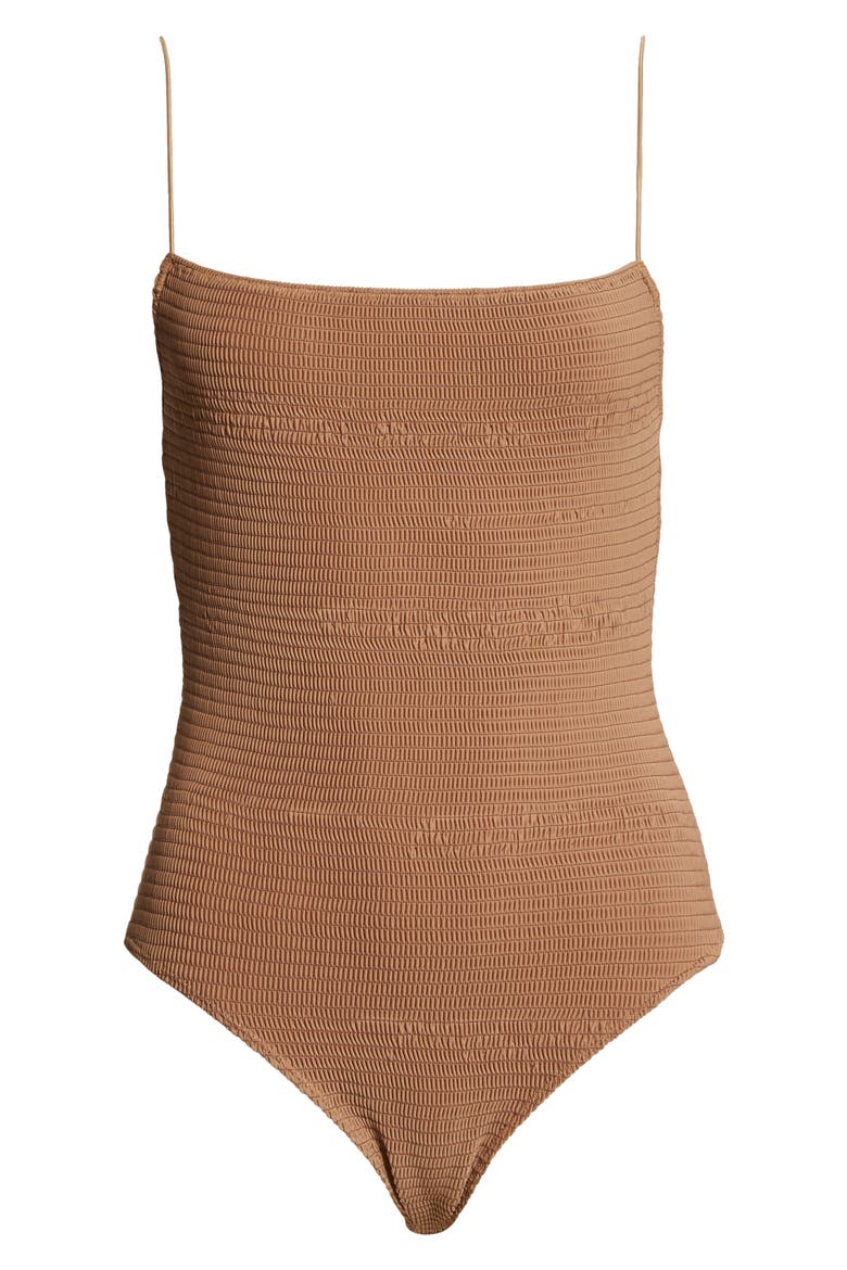 Totême Smocked One-Piece Swimsuit, Alternate, color, NOUGAT