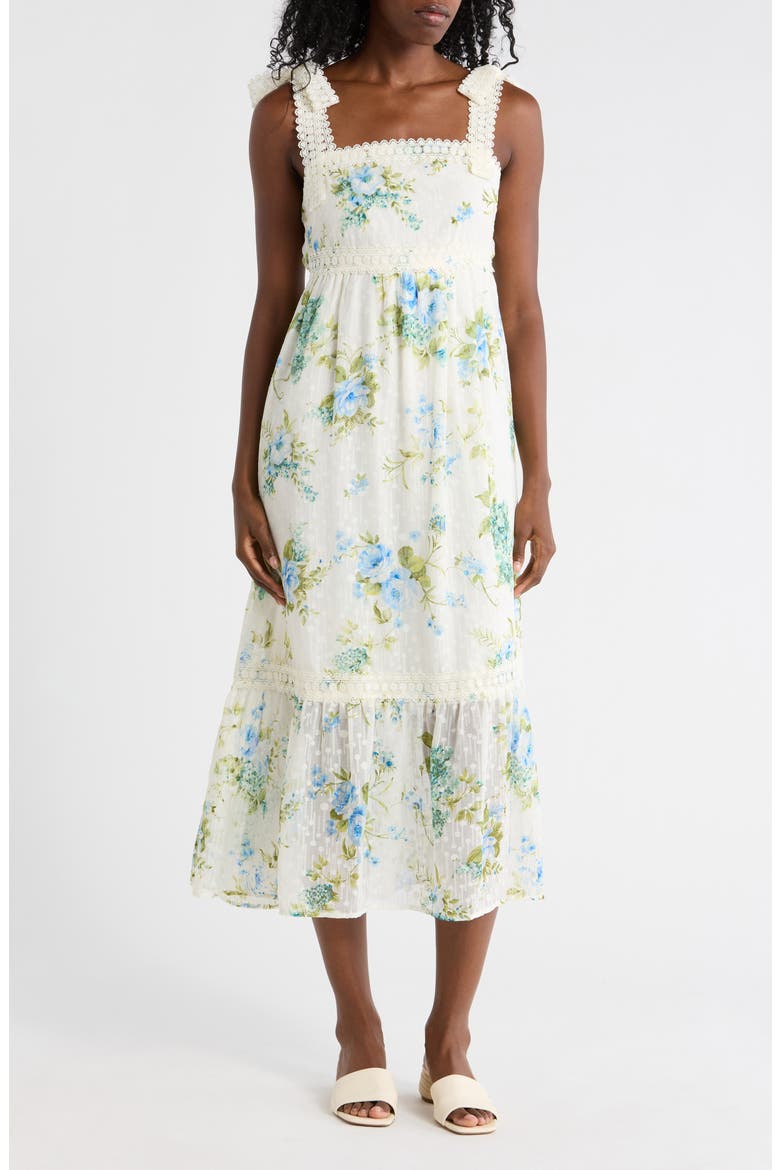 Floral Tie Strap Midi Dress, Main, color, IVORY MULTI