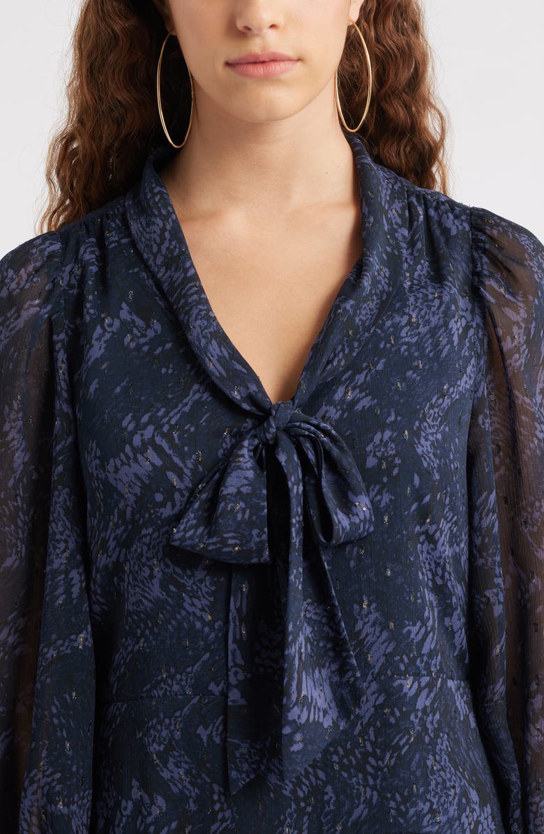 Chelsea28 Metallic Tie Neck Long Sleeve Tiered Dress, Alternate, color, Navy Sara Snake