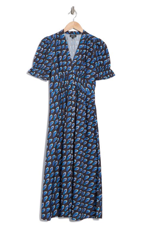 Area Stars Puff Sleeve Button Front Dress In Blue Leaf