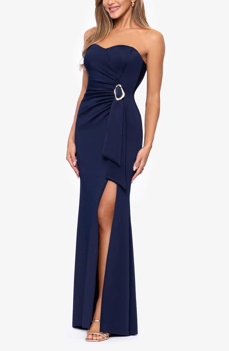 Xscape Evenings Belt Detail Strapless Scuba Gown, Alternate, color, Midnight