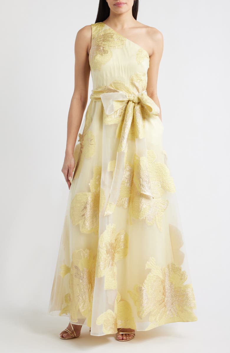 Eliza J One-Shoulder Brocade Ballgown, Main, color, Yellow