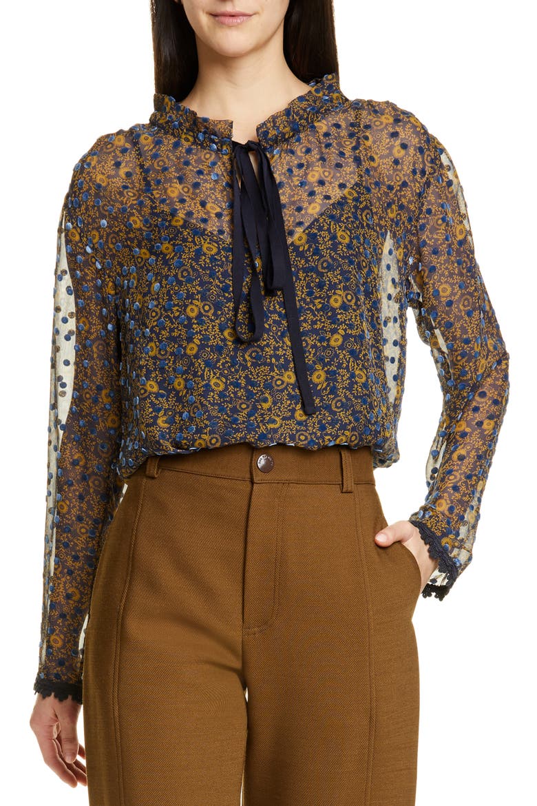 Floral Print Silk Devoré Top, Main, color, MULTICOLOR BLUE