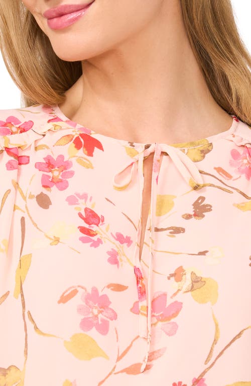 Cece Floral Print Tie Neck Top In Sugar Peach