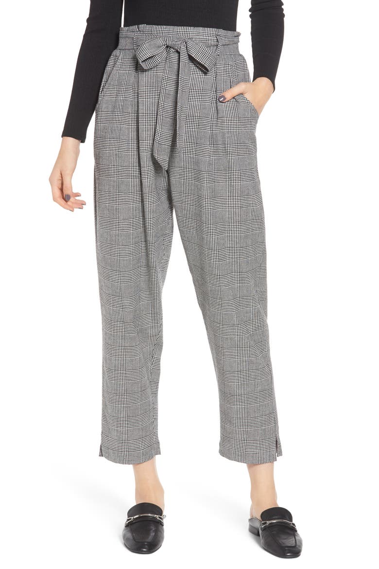 High Rise Paperbag Waist Glen Plaid Pants, Main, color, BLACK/ WHITE