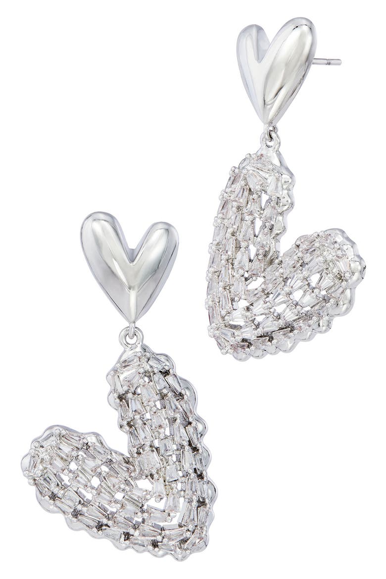 Double Heart Cubic Zirconia Drop Earrings, Alternate, color, WHITE