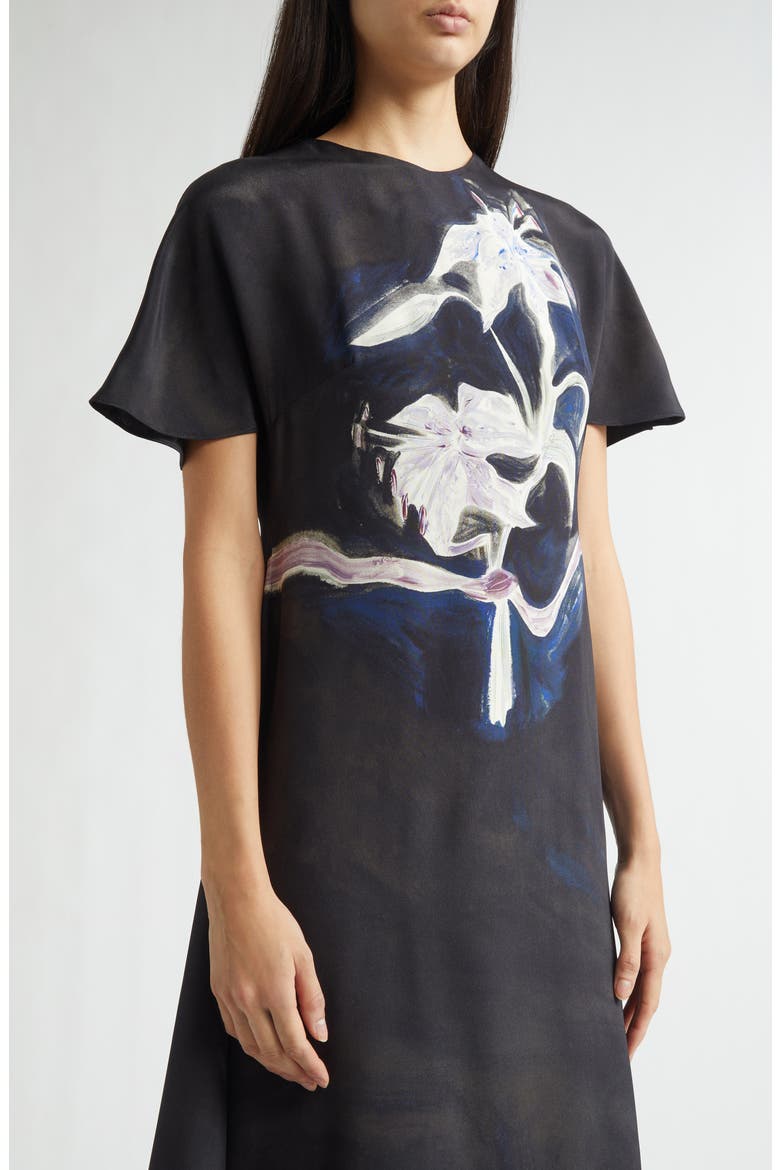 Daisy Lily Print Silk Dress, Alternate, color, BLACK LILY