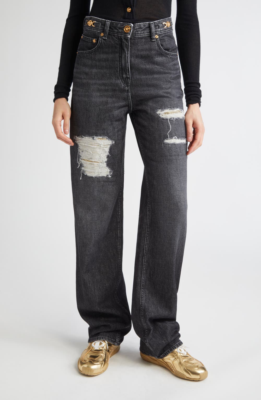 Rip & Repair Straight Leg Jeans, color, BLACK