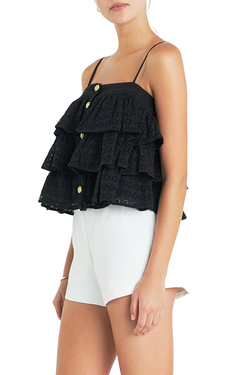 English Factory Tiered Broderie Lace Button Front Camisole, Alternate, color, Black