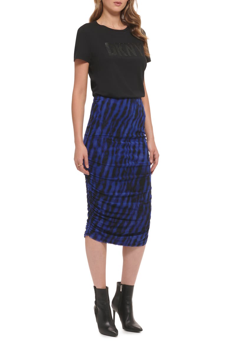 Ruched Print Mesh Midi Skirt, Alternate, color, DEEP COBALT