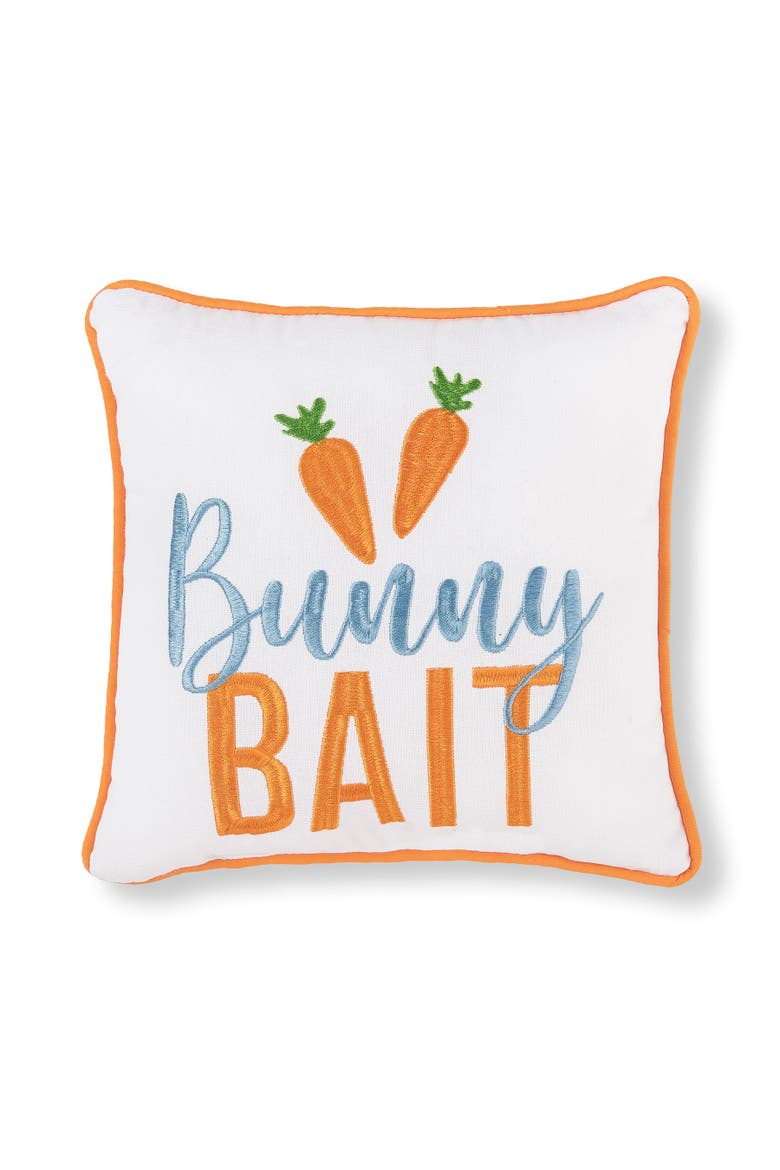 "Bunny Bait" Carrots Easter Cotton Blend Embroidered Mini Accent Pillow 10" x 10", Main, color, White