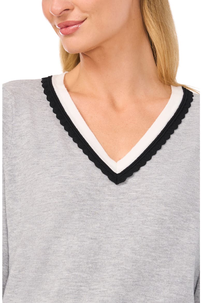 Scalloped Trim V-Neck Sweater, Alternate, color, LT HTHR GREY