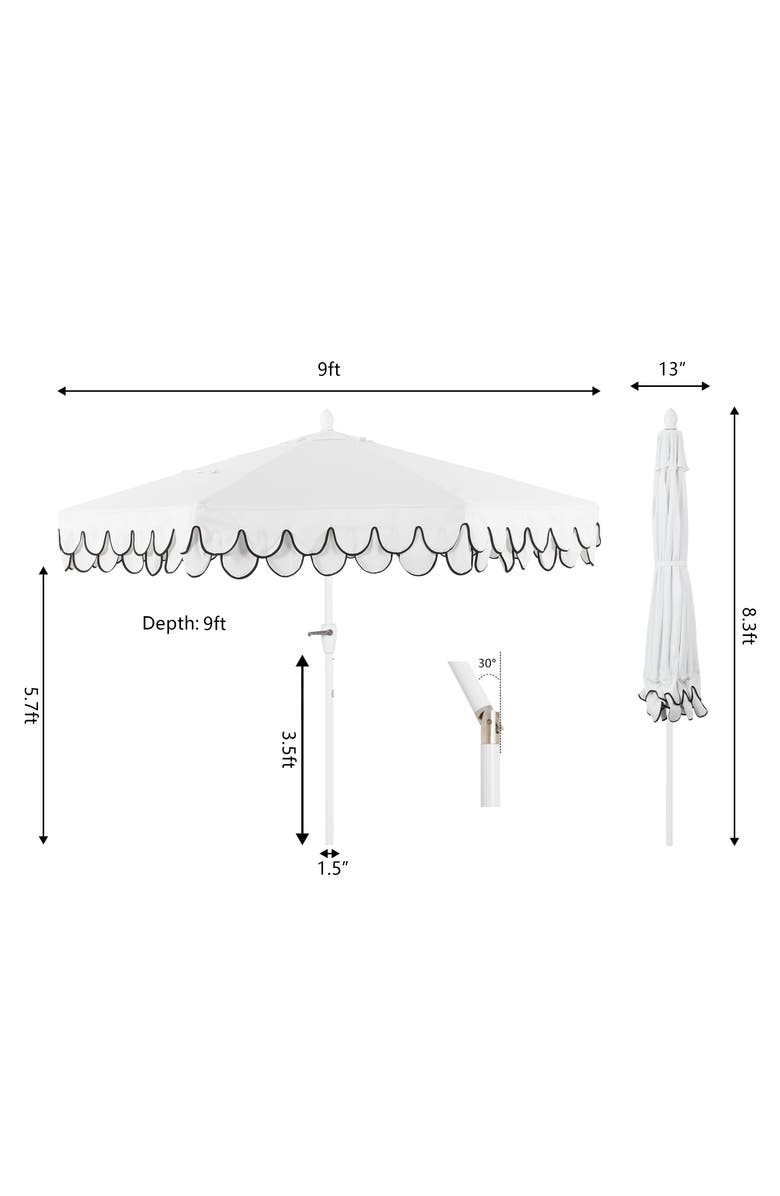 JONATHAN Y Tracy 9 ft. Classic MidCentury Scalloped Fringe Market Patio Umbrella with Auto-Tilt, Crank, Wind Vent and UV Protection, Alternate, color, White