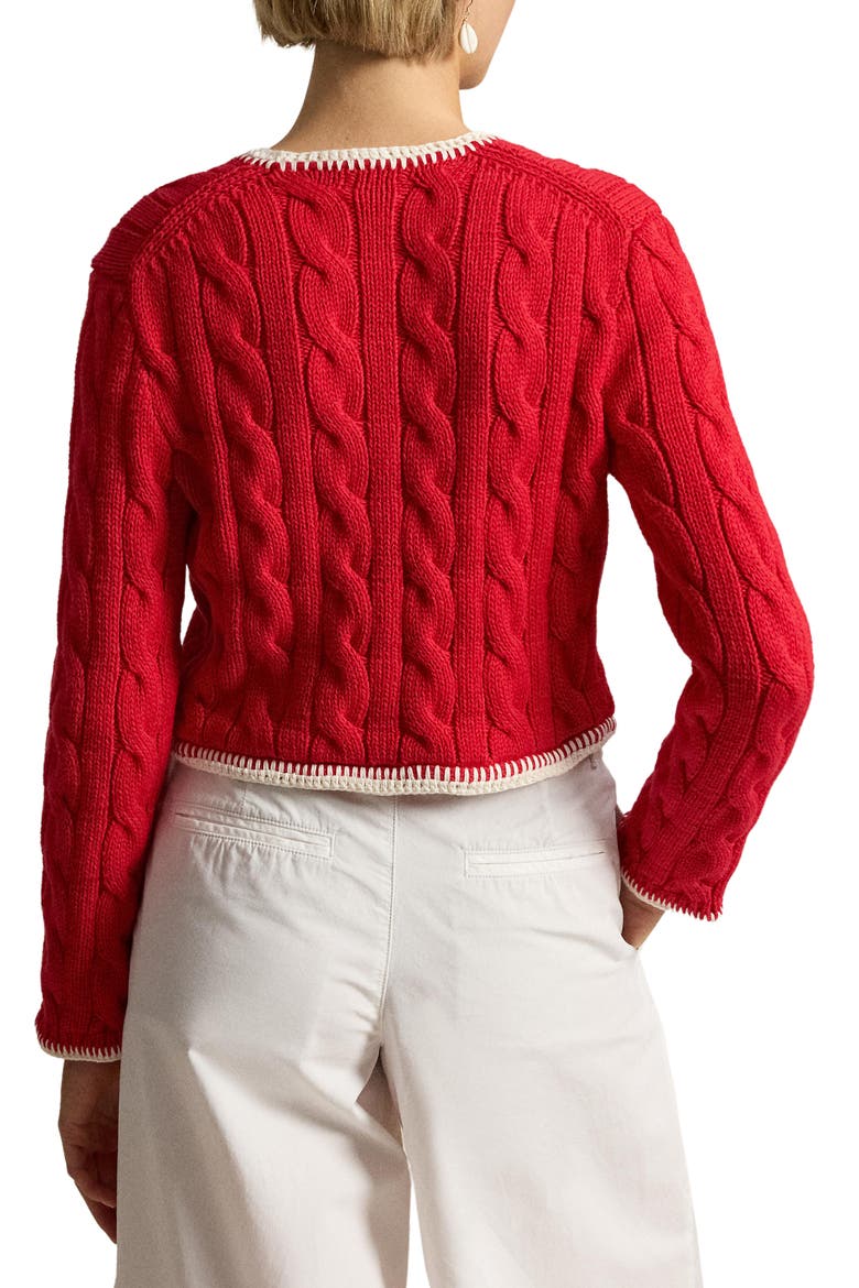 Whipstitch Trim Cable Stitch Cardigan, Alternate, color, CRUISE RED