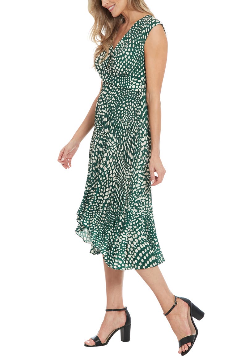 Dot Twist Front Pleated Midi Dress, Alternate, color, PINE/ CREAM