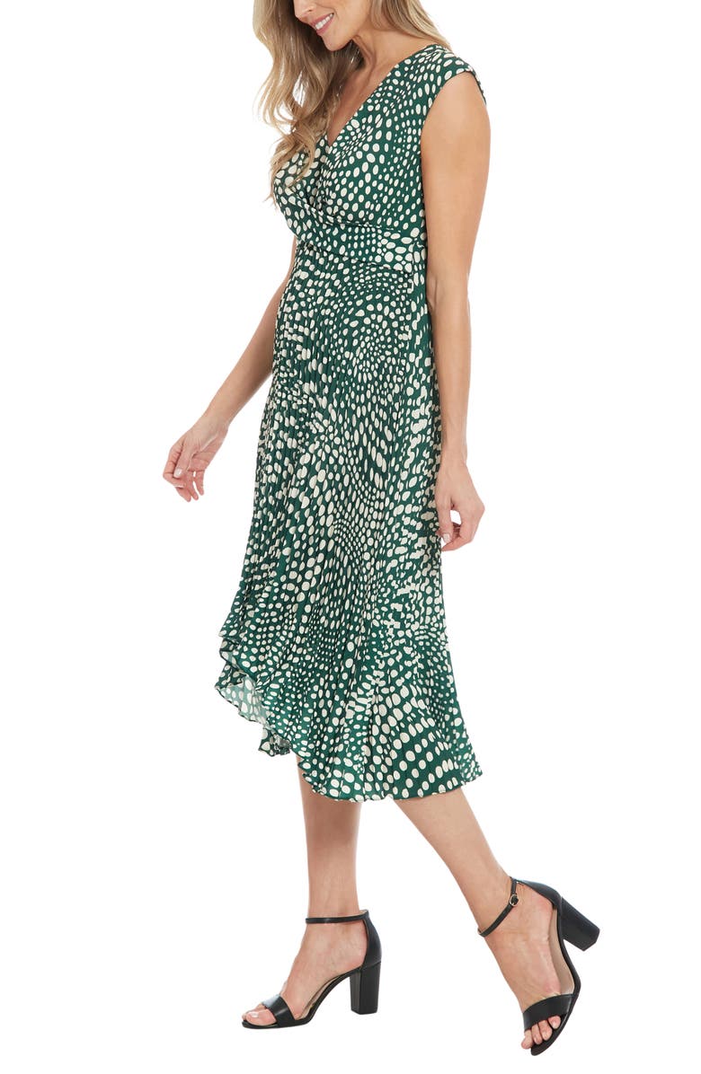 London Times Dot Twist Front Pleated Midi Dress, Alternate, color, Pine/ Cream