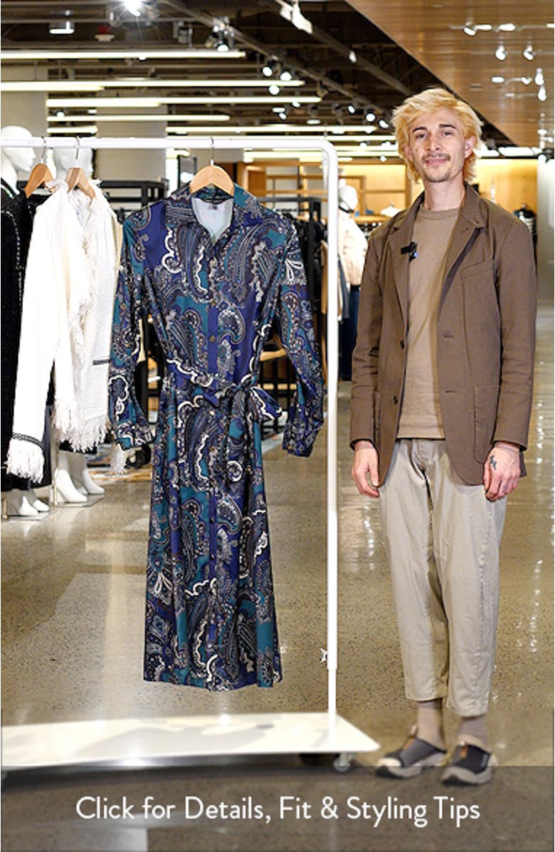 Paisley Print Tie Belt Long Sleeve Charmeuse Midi Shirtdress, sales video thumbnail