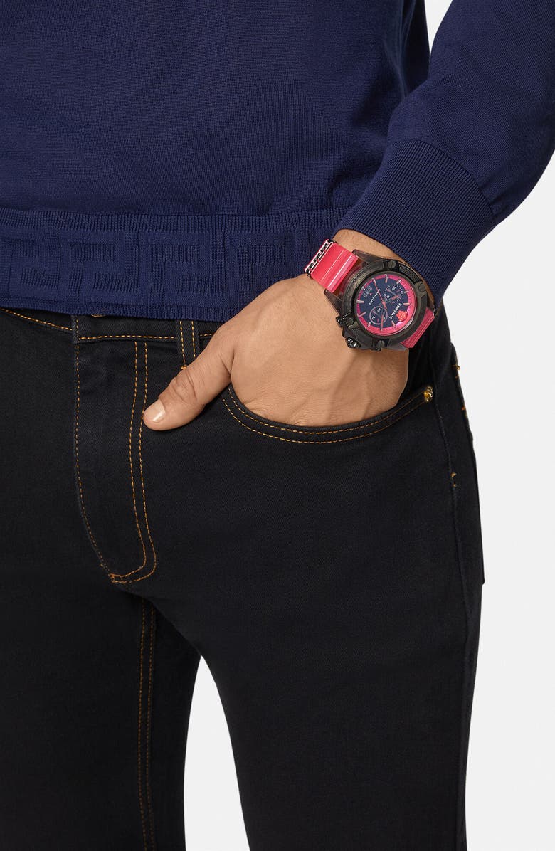 Versace Icon Active Chronograph Silicone Strap Watch, 44mm, Alternate, color, Pink /Black