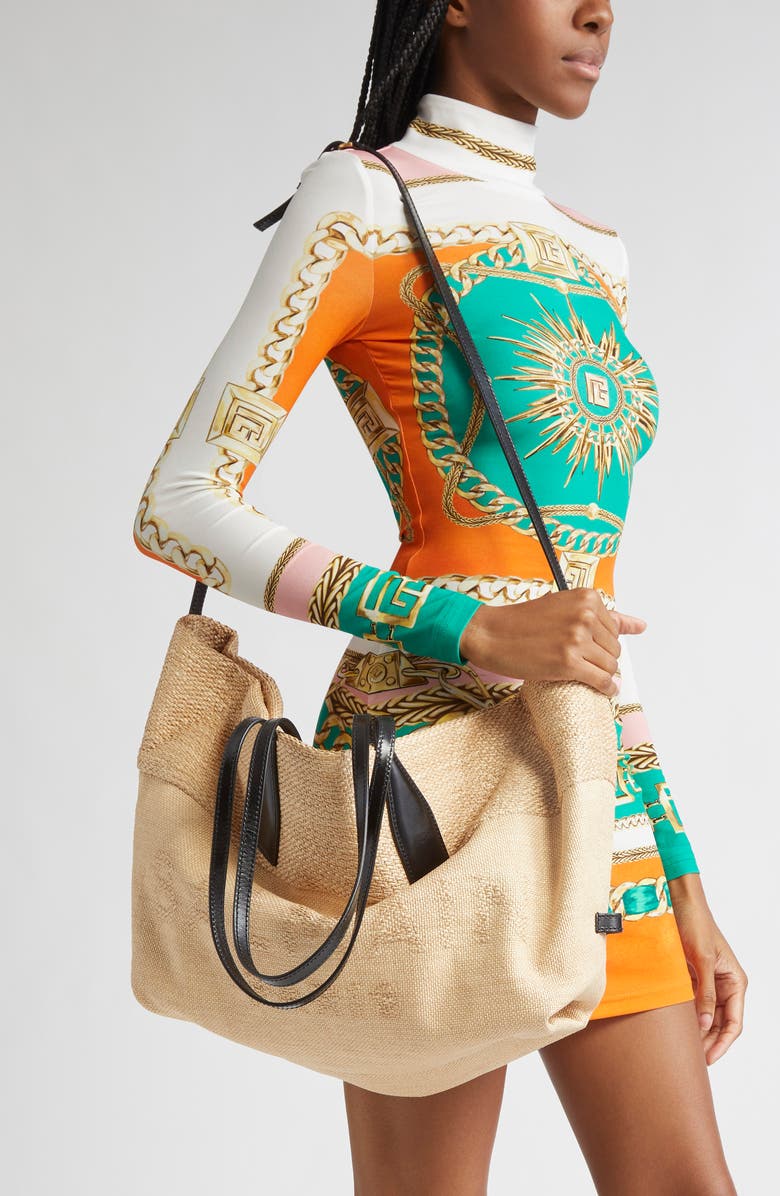 Balmain Track Raffia & Jacquard Tote, Alternate, color,