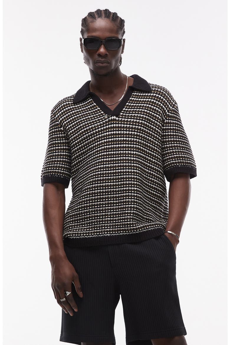 Johnny Collar Textured Stripe Cotton Polo Sweater, Main, color, BLACK MULTI