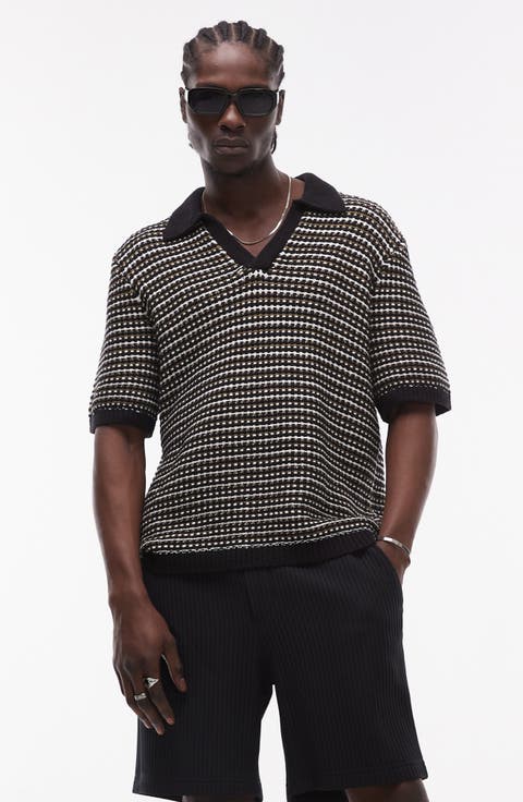 Johnny Collar Textured Stripe Cotton Polo Sweater