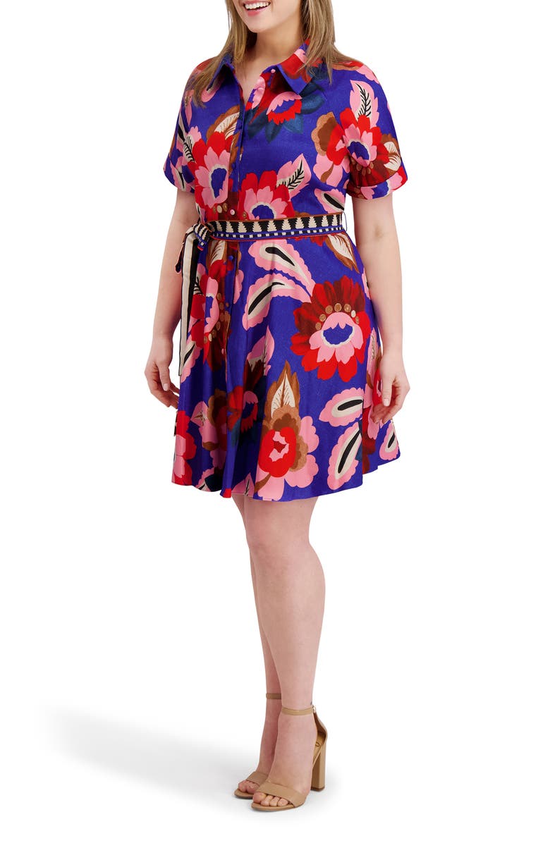 Kensie Printed Belted Shirtdress, Alternate, color, Cobalt
