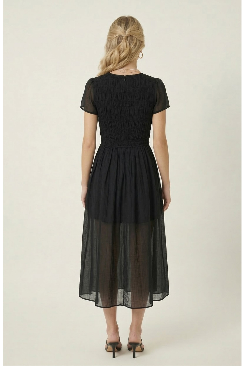 Sheer Overlay Midi Dress with Smocked Bodice, Alternate, color, Black