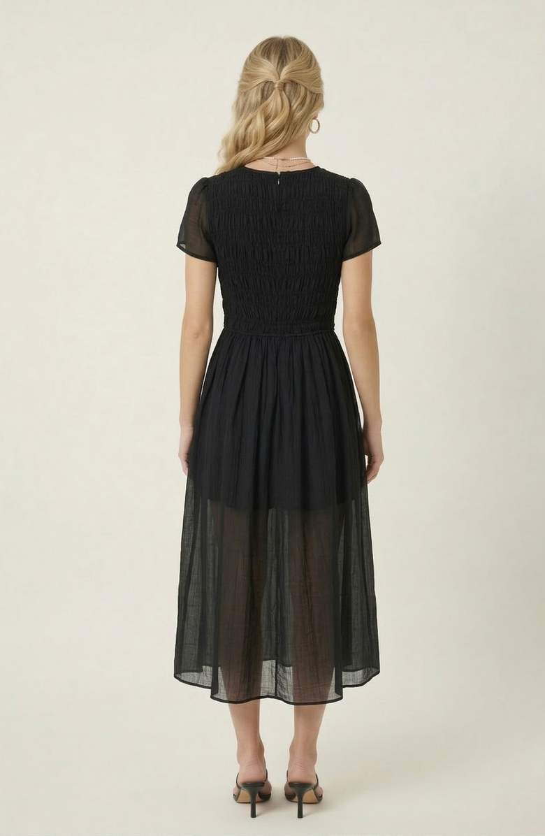 Modenaire Sheer Overlay Midi Dress with Smocked Bodice, Alternate, color, Black