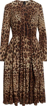 Dolce&Gabbana Leopard Print Long Sleeve Stretch Silk Midi Dress