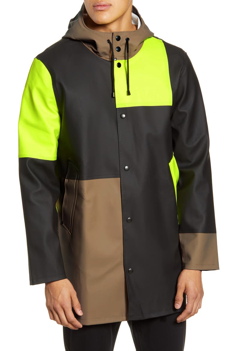 Patchwork Waterproof Hooded Raincoat, Alternate, color, TOBACCO