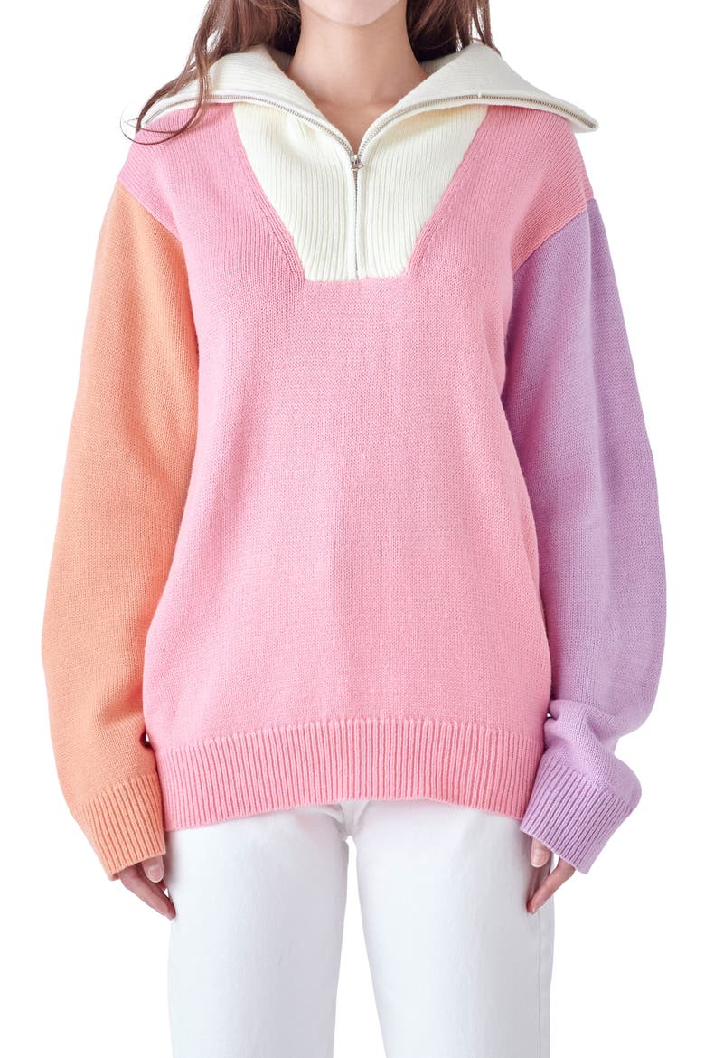 Colorblock Half Zip Sweater, Alternate, color, PINK MULTI