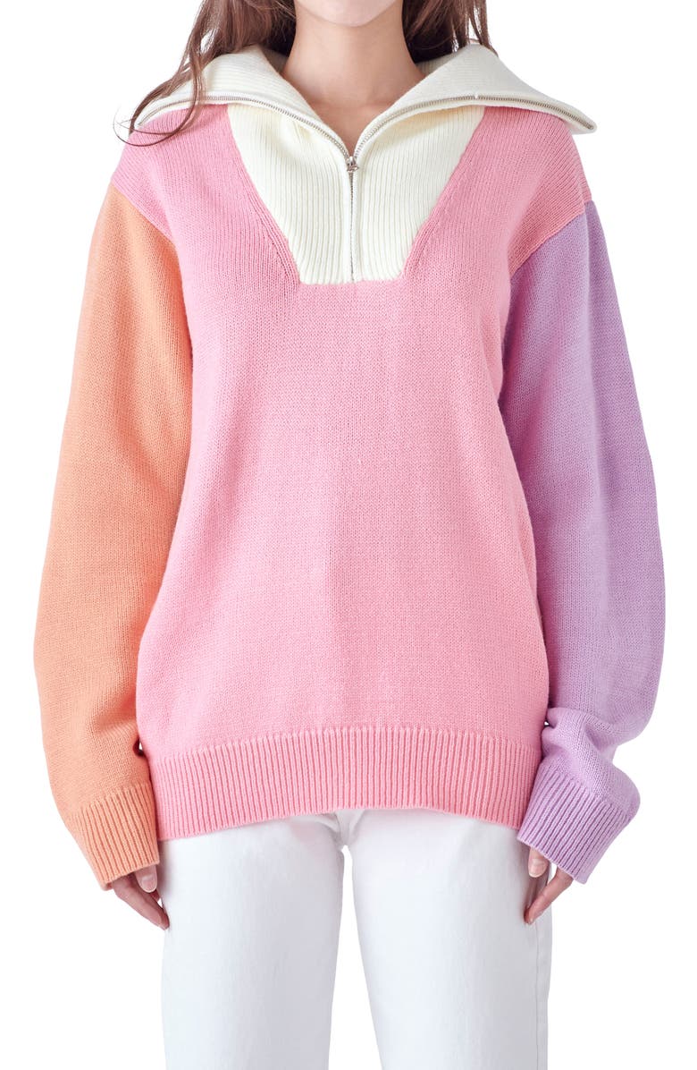 English Factory Colorblock Half Zip Sweater, Alternate, color, Pink Multi