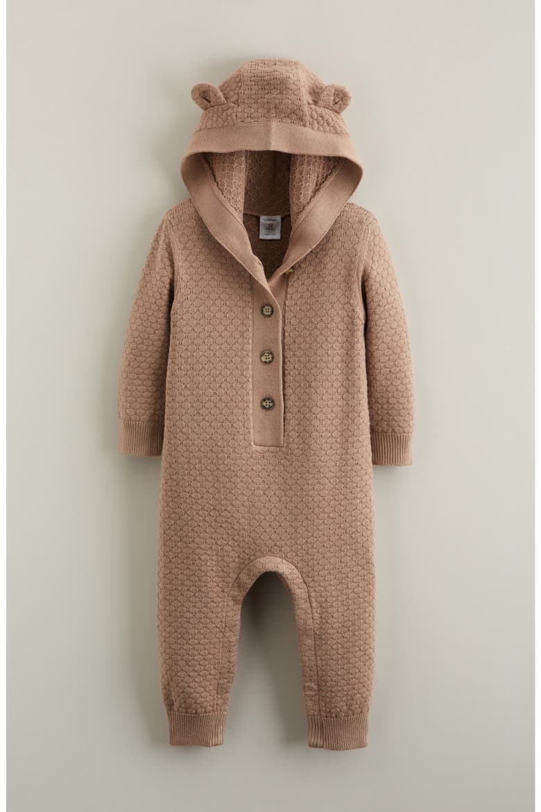 Hooded Bear Pointelle Sweater Romper, Main, color, BROWN AFFOGATO