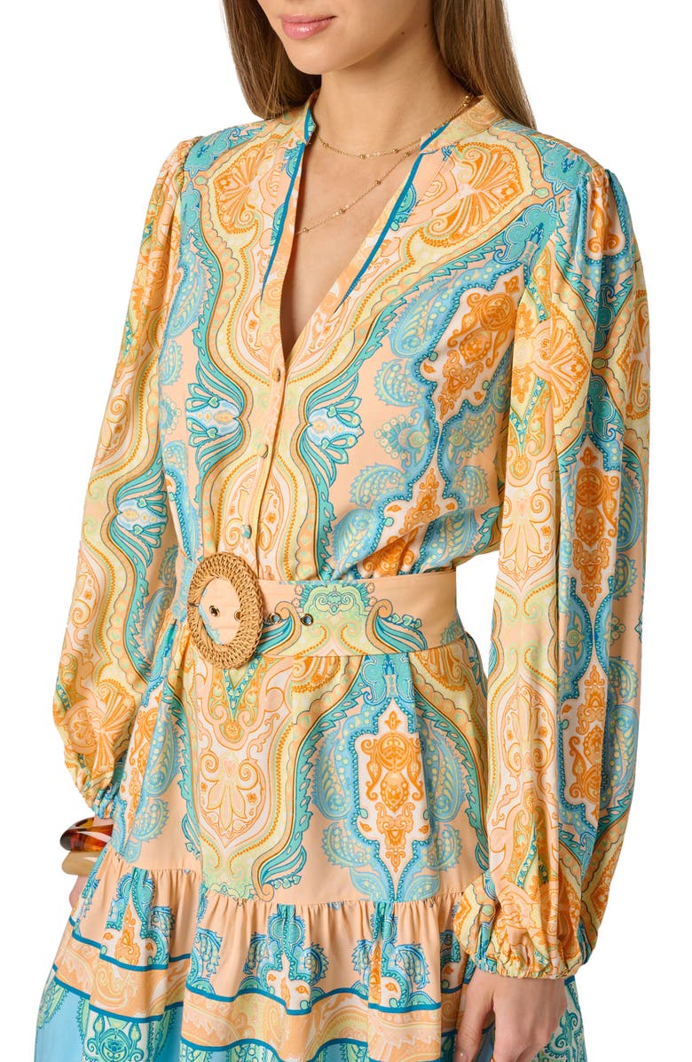 Adrianna Papell Long Sleeve Placed Print Dress, Alternate, color, Peach Multi