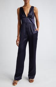 Eleventy Plunge Neck Silk Charmeuse Jumpsuit