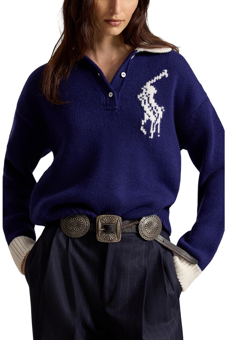 Wool Polo Sweater, Main, color, ROYAL/ CREAM