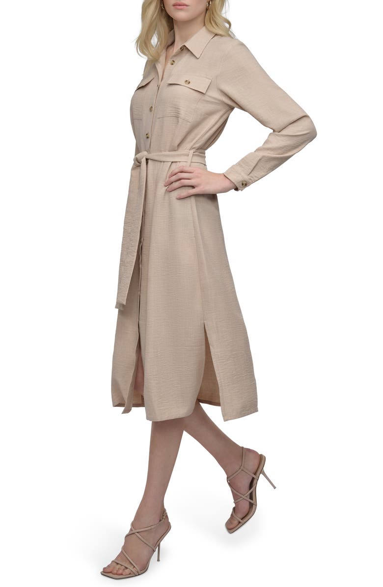 DKNY Long Sleeve Belted Midi Shirtdress, Alternate, color, Beige